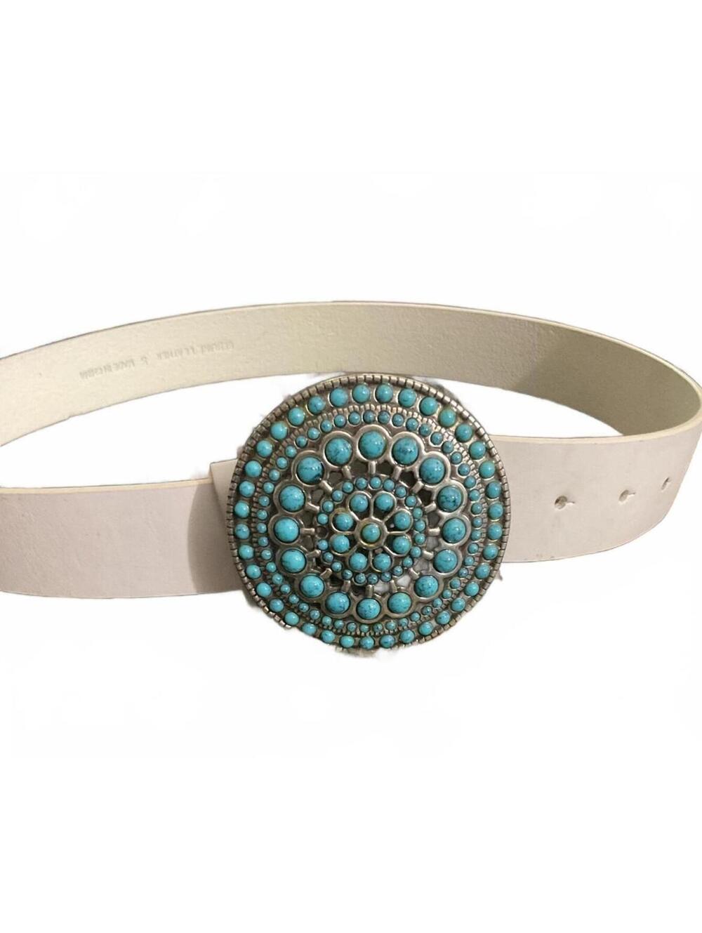 White Genuine Leather Belt with Turquoise Beaded Round Buckle Sz. Small